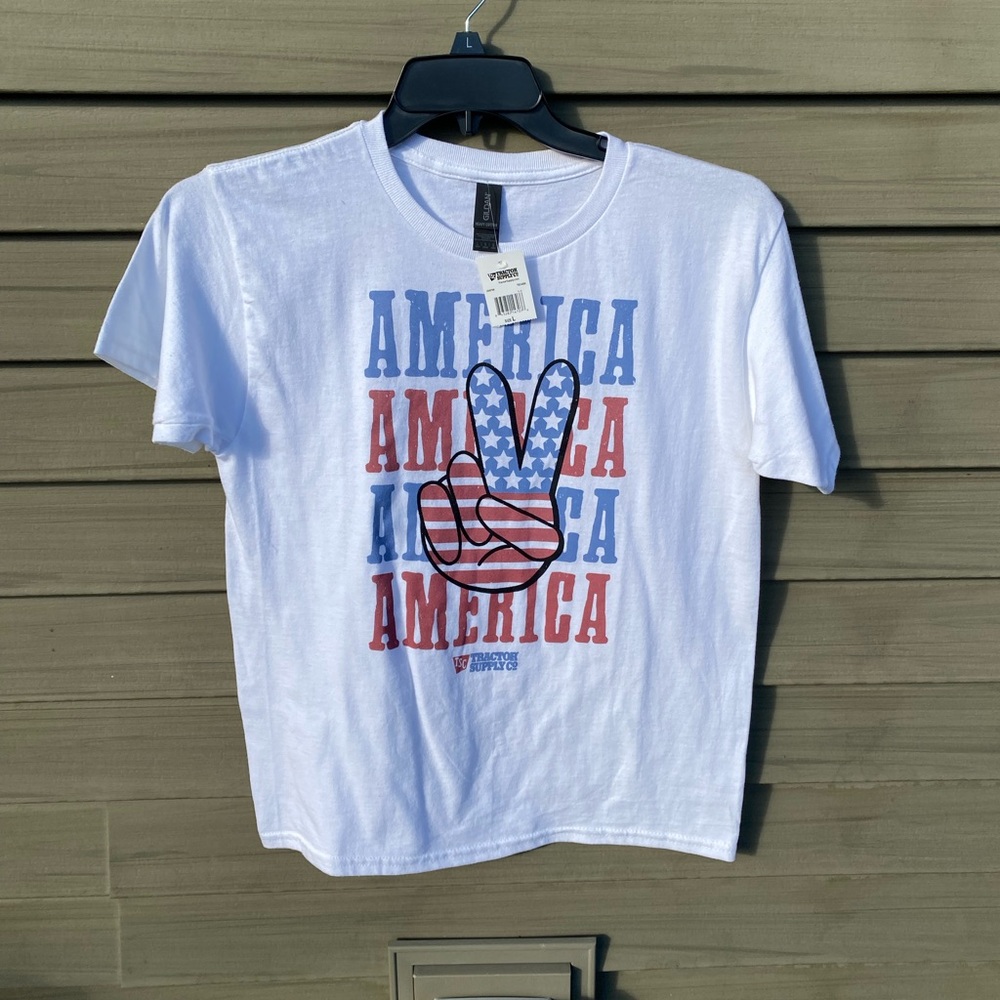 Gildan tractor supply White Tee with Red & Blue Americana Graphic